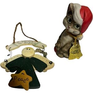 Vintage Jasco Holiday Xmas Cat Critter Bell 1980 Taiwan Porcelain Bisque & angel